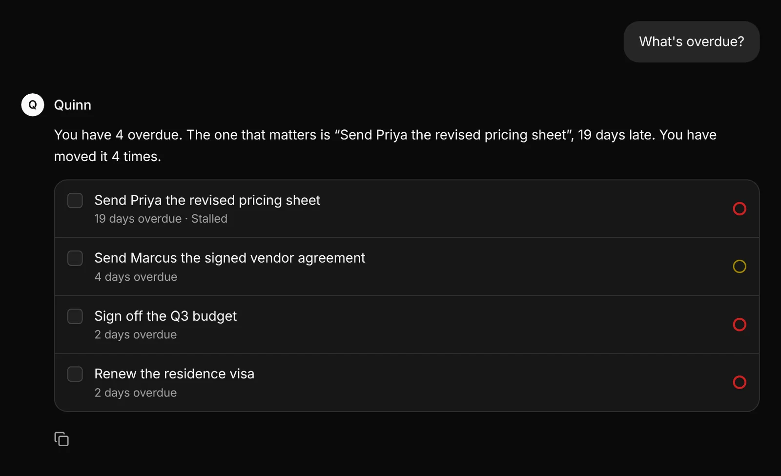 Quinn answering what's overdue, with the four tasks listed.